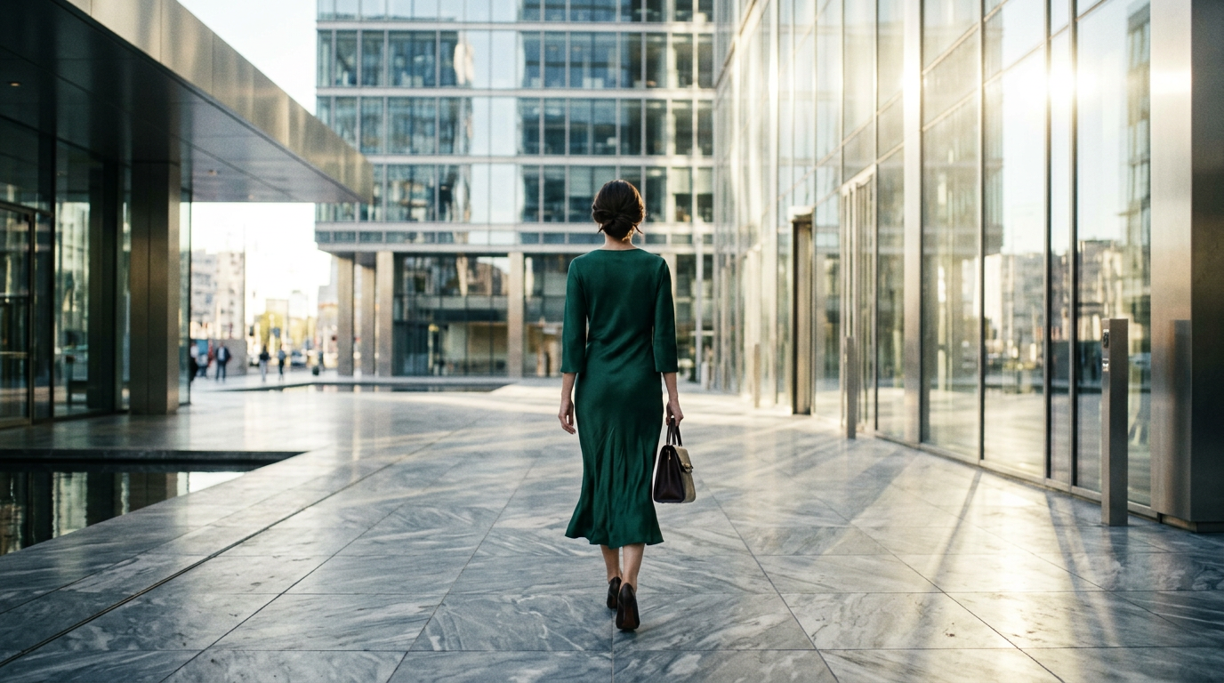 Elena in silk dress, leaving the glass building into sun glare.
