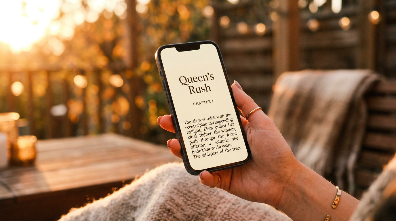 Phone in hand, Queen's Rush chapter on screen, golden light.