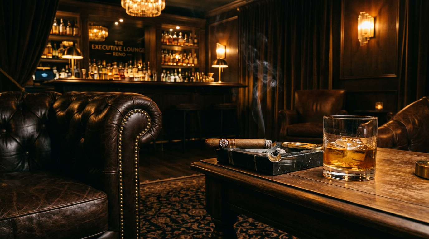 Upscale Reno club, low light, cigar, gold accents.