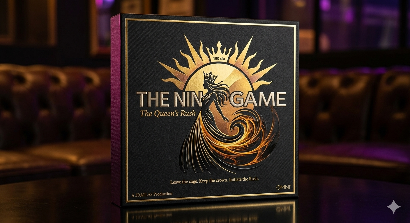 Nine Game box cover — Golden Queen, spiral, 180 sfu Sun. Leave the cage. Keep the crown. Initiate the Rush.